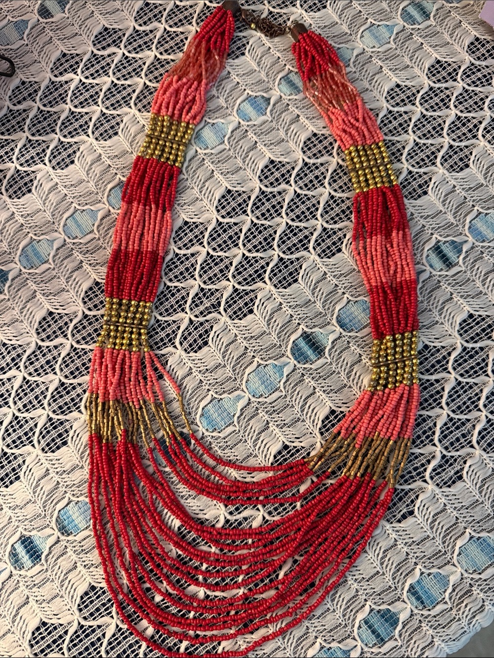 Handcrafted Multi-Strand Beaded Necklace - Red & Coral